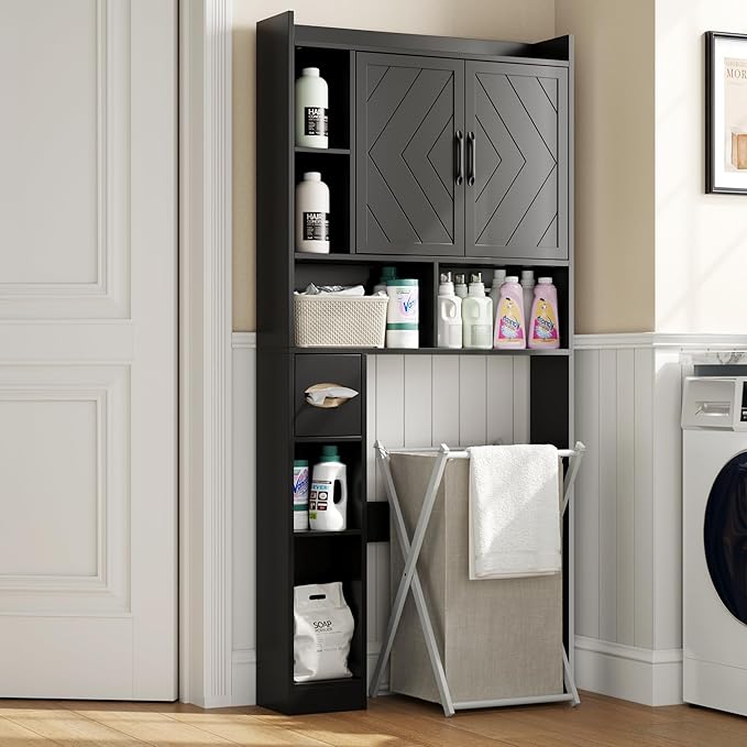 MHOM 67.8" H Over The Toilet Storage Cabinet with Adjustable Shelves & Toilet Paper Holder, Farmhouse Over Toilet Bathroom Organizer, Double Door Toilet Cabinet for Bathroom, and Laundry, Black