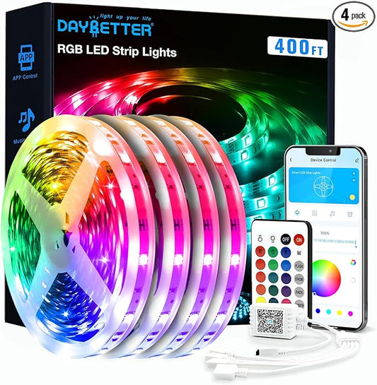 DAYBETTER LED Strip Lights 400ft (4 Rolls of 100ft), Color Changing Lights Strip for Bedroom, Desk, Indoor, Room Bedroom, Girl Boy Brithday Gifts RGB Decor with Remote and 24V Power Supply