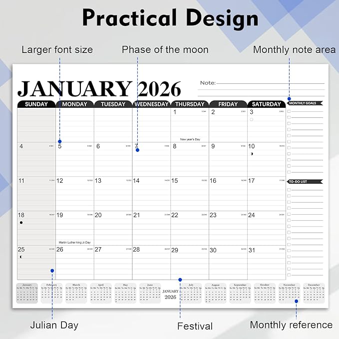 Desk Calendar 2026, Anti Ink Bleed, Ample Space, Extra Large Calendar 2026 with Stickers, 22" x 17" Seasonal Desktop Calendar for Home, Office, Student & Teacher Supplies- Simple