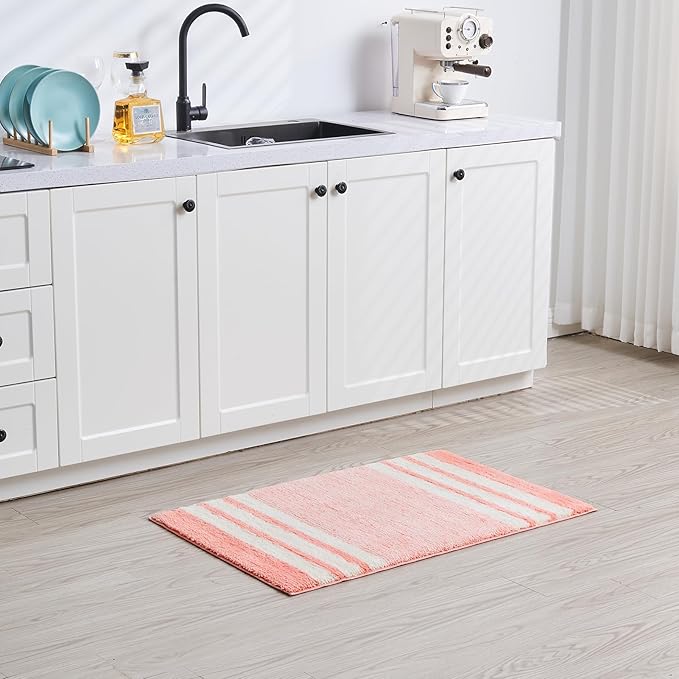 CozeCube Bath mats for Bathroom Non Slip, Fluffy Absorbent Microfiber Bath mat Washable, Aesthetic Bathroom Rugs, Cute Blossom Pink Striped Bath mat, Blossom Pink, 32" x 20"