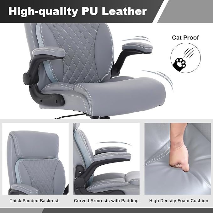 Youhauchair Executive Office Chair, Ergonomic PU Leather Computer Desk Chair with Lumbar Support, Flip-up Armrests and Adjustable Height, for Home Office, Grey