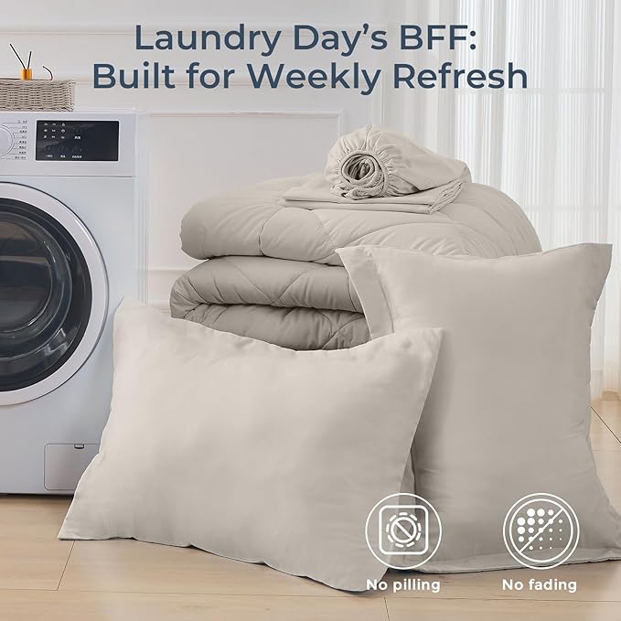 HEVUMYI Oatmeal Twin Comforter Set - 5-Piece All Season Bed in a Bag Twin, Ultra Soft Bedding Set with Comforter, Flat Sheet, Fitted Sheet, Pillowcases, Pillow Shams