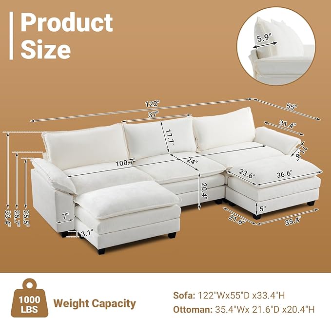VINGLI 122" Cloud White/Cream Convertible Sectional Sofa, Comfy U-Shape Extra Deep Seat Sofa Couch for Living Room,Modern Chenille 3-Seat Convertible Sofa with 2 Movable Ottomans for Small Space