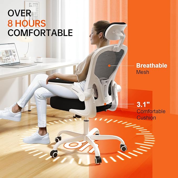 Office Chair Ergonomic Desk Chair, 330LBS Capacity, High Back Computer Chair for Long Hours Comfortable, Rolling Swivel Executive Task Chair for Home Office with Flip-up Armrests(White Black)