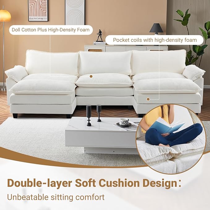 VINGLI 122" Cloud White/Cream Convertible Sectional Sofa, Comfy U-Shape Extra Deep Seat Sofa Couch for Living Room,Modern Chenille 3-Seat Convertible Sofa with 2 Movable Ottomans for Small Space