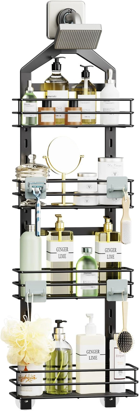 Orimade Adjustable Anti-slip Hanging Shower Caddy over Shower Head,Rustproof Bathroom Hanging shower Organizer with 4 Hooks for Razor,No Drilling Shower shelves Storage Rack,Black 4 Tier