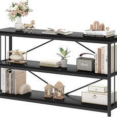 HSH Black Long Bookshelf, Large Wood Wide Horizontal Bookcase Under Window, Modern Long Open Book Shelf for Bedroom Living Room, Industrial Wooden Metal Bookshelves for Home Office, Black Oak, 63 Inch