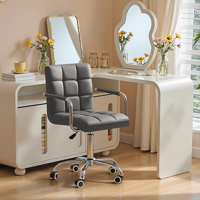 Furmax Mid-Back Office Task Chair Ribbed PU Leather Executive Chair Modern Adjustable Home Desk Chair Retro Comfortable Work Chair 360 Degree Swivel with Arms (Grey)