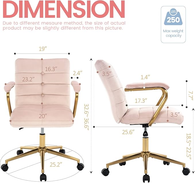 Velvet Home Office Desk Chair, Upholstered Adjustable Swivel Task Chair with Wheels, Tufted Mid-Back Computer Chair with Arms, for Study Living Room Vanity (Pink, Gold Base)