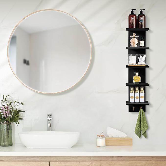 Sorbus 5 Tier Wall Shelf Unit with Hooks, Vertical Column Utility Shelving for Home Decor and Storage Organizer, Wall-Mounted Floating Shelves for Bathroom Storage, Bedroom (2 Pack)