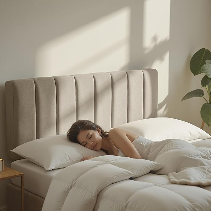 Nestl Upholstered Full Headboard - Easy Assemble Channel Stitched Headboard Full Size - Wall Mounted Headboards with 3D Soundproof Wall Panels Peel & Stick Floating Headboards, Beige