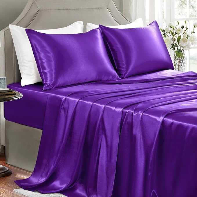 Satin Sheets Full Size - 4 Pieces Luxury Silky Soft Bed Sheets, Wrinkle-Free Dark Purple Satin Silk Sheet Set with 1 Deep Pocket Fitted Sheet, 1 Flat Sheet, 2 Pillow Cases
