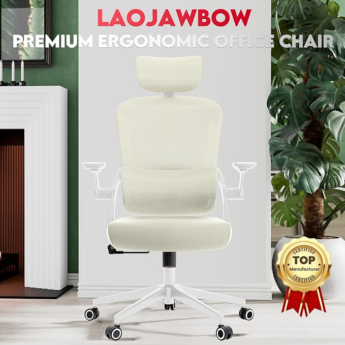 Ergonomic Office Chair - 400LB Comfy Desk Chairs with Adjustable Headrest and Lumbar Back Support, Mesh Computer Chairs with Wheels and Arms for Home Office, Study (218khaki-With Headrest)