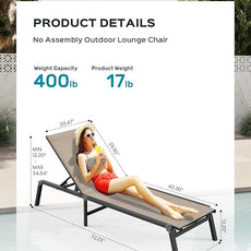 Aluminum Chaise Lounge Ourdoor - Foldable & Assemble Free Outdoor Lounge Chair with 5 Adjustable Backrest, Patio Lounge Chair for Outside Poolside Beach Pool, Khaki
