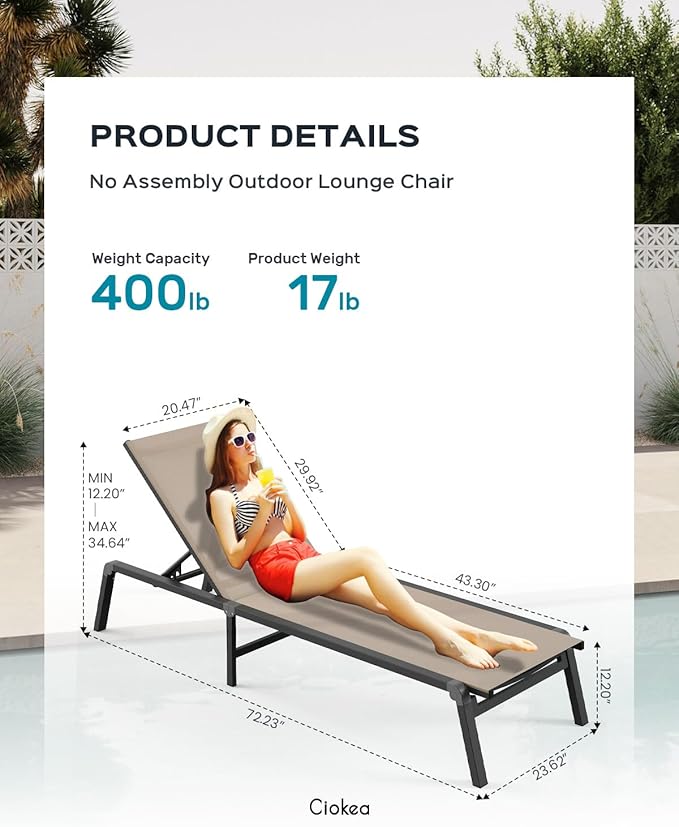 Aluminum Chaise Lounge Ourdoor - Foldable & Assemble Free Outdoor Lounge Chair with 5 Adjustable Backrest, Patio Lounge Chair for Outside Poolside Beach Pool, Khaki