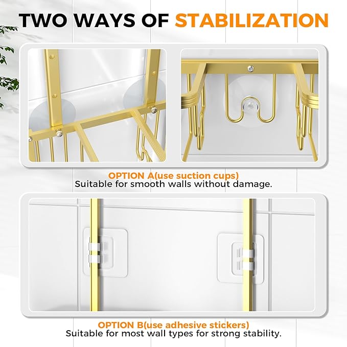 REINHARDT Aluminum Shower Caddy Hanging Adjustable Shower Caddy, Rustproof Hanging Shower Organizer with Hooks Soap Holders, Over Shower Head Caddy for Handheld Showerhead, Gold