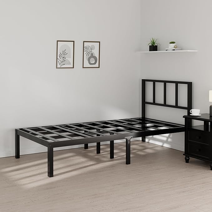14 Inch Bamboo Bed Frame – Solid Wood Platform Bed Frame, Strong and Stable, with Non-Slip Slats for Support, No Box Spring Needed, Easy to Assemble, Noise-Free (Black, Twin with Headboard)