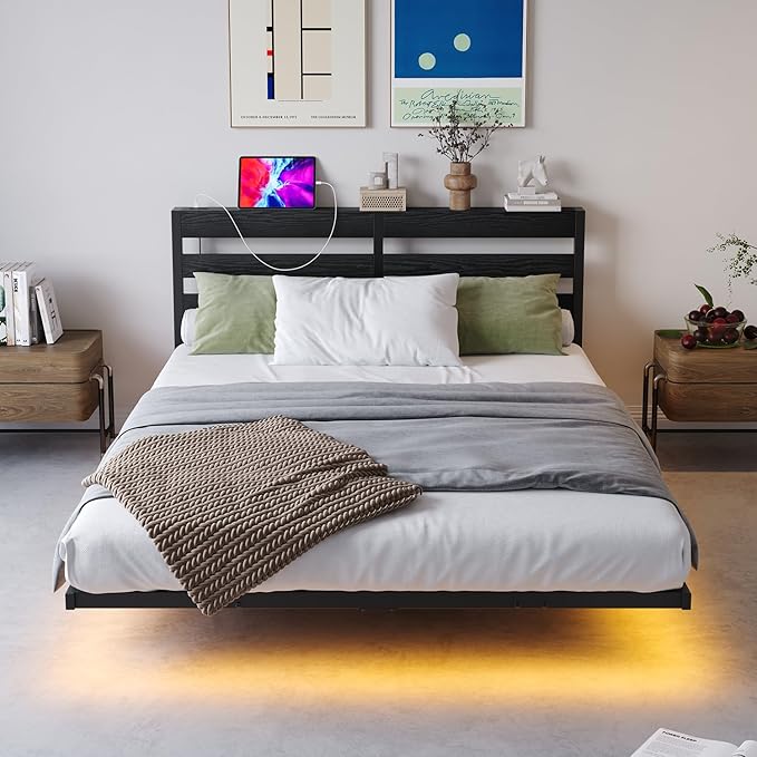 Floating Bed Frame Queen Size with USB Charging Station, LED Bed Frame with Storage Headboard, Black Metal Platform Bed Queen Size, No Box Spring Needed, Noise Free, Easy to Assemble