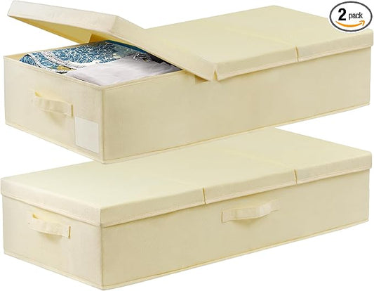 Large Underbed Storage Bags Organizer Container With Lids, Set of 2 Under Bed Storage Organizer Box With Handle, Fabric Under The Bed Storage Bins for Blanket Pillow Comforter & Quilt Wrapping Paper