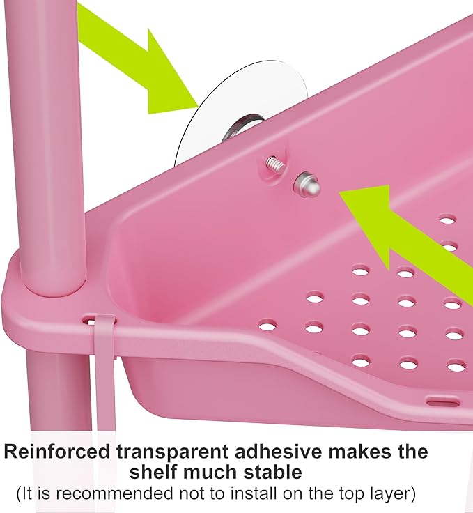 Orimade Rustproof 3 Tier Floor Standing Corner Shower Caddy Organizer, Plastic Metal Splicing Floor Corner Shelf Rack Stands for Bathroom, Pink