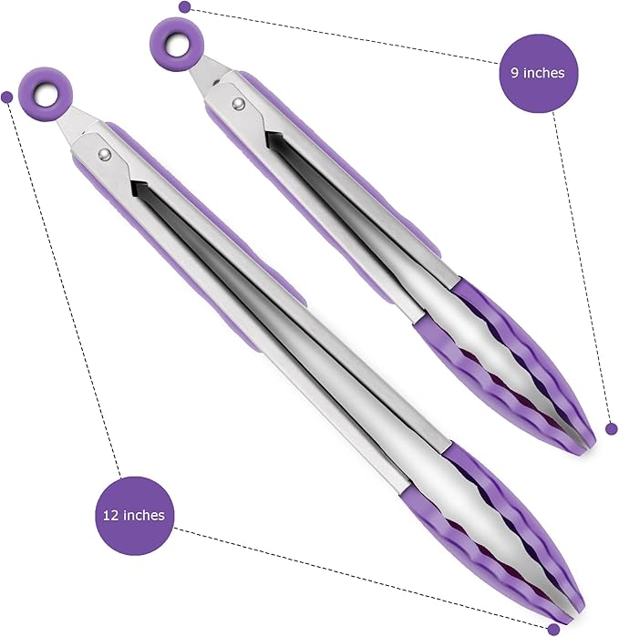 Set of 2 Kitchen Tongs 9-Inch & 12-Inch, Premium Stainless Steel BPA Free Silicone Non-Stick Grilling Barbeque Cooking Locking Food Tongs, Purple