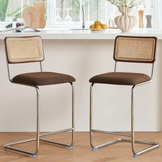 Natural Rattan Counter Height Stools Set of 2 with Solid Wood Back, 29 Inch Mid Century Modern Cesca Bar Stools, Brown Upholstery Boho Stool for Kitchen Counter with Chrome Metal Legs