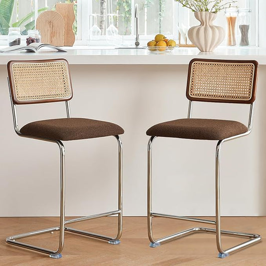 Natural Rattan Counter Height Stools Set of 2 with Solid Wood Back, 29 Inch Mid Century Modern Cesca Bar Stools, Brown Upholstery Boho Stool for Kitchen Counter with Chrome Metal Legs