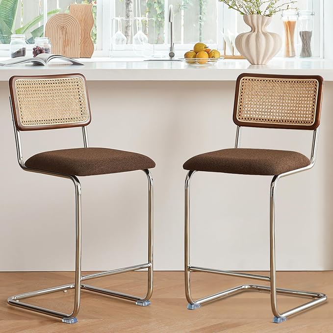 Natural Rattan Counter Height Stools Set of 2 with Solid Wood Back, 24 Inch Mid Century Modern Cesca Bar Stools, Brown Upholstery Boho Stool for Kitchen Counter with Chrome Metal Legs