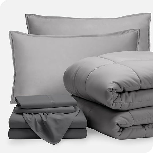Bare Home Bed-in-A-Bag 7 Piece Comforter & Sheet Set - Full - Goose Down Alternative - Ultra-Soft 1800 Premium Bedding Set (Full, Light Grey/Grey)