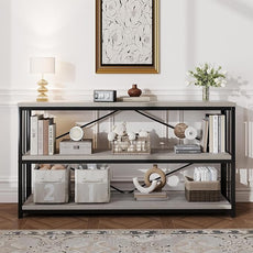 HSH Gray Bookshelf, Industrial Wood Metal Long Bookcase with Storage, Open 3 Tier Bookshelves for Bedroom Living Room, Farmhouse Wooden Etagere Book Shelf for Home Office, Light Grey Oak, 55 Inch