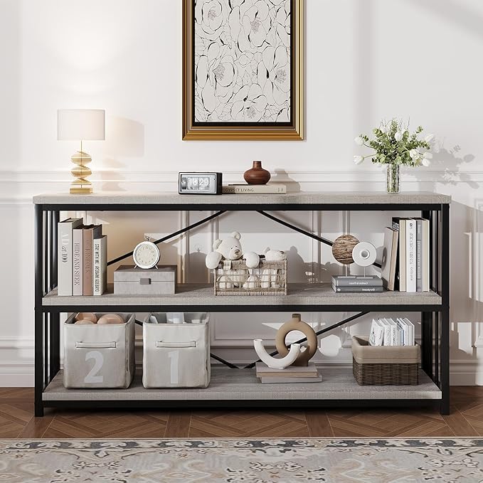 HSH Gray Bookshelf, Industrial Wood Metal Long Bookcase with Storage, Open 3 Tier Bookshelves for Bedroom Living Room, Farmhouse Wooden Etagere Book Shelf for Home Office, Light Grey Oak, 55 Inch