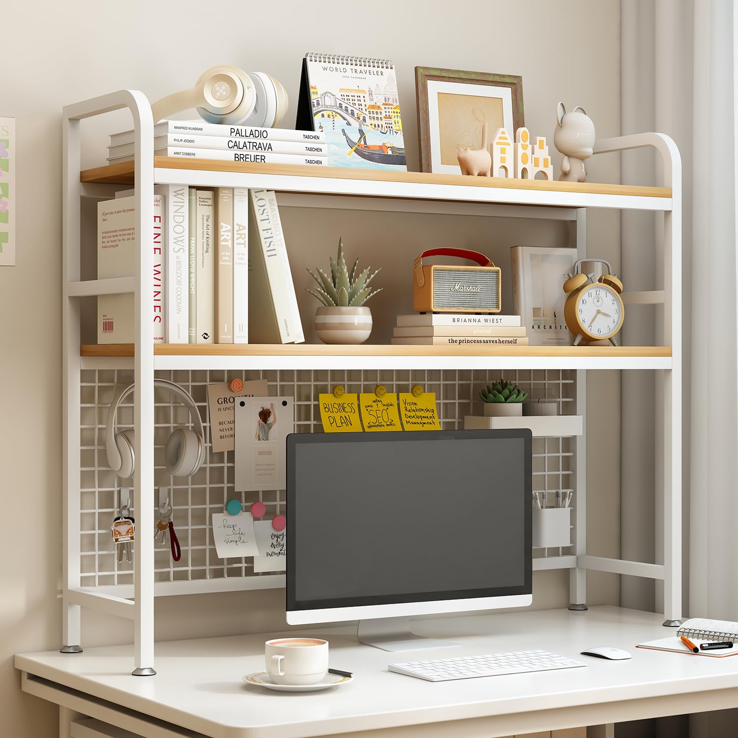 IOTXY 2-Tier Desktop Hutch Bookshelf - Metal Desk Shelf Bookcase with Grid Panel, Countertop Storage Organizer Rack for Dorm or Office, White, 37.4" W