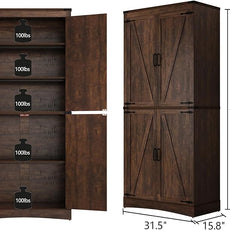 71in Farmhouse Kitchen Pantry Cabinet,Tall Storage Cabinet with 4 Doors and Adjustable shelves,with Load-Bearing Steel Pipe,Wood Storage Cabinets for Kitchen,Dining Room,Bathroom(Brown)