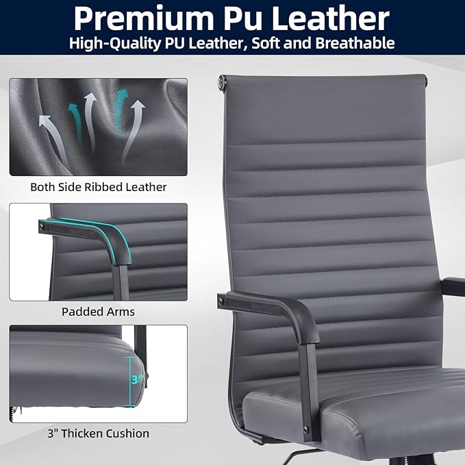 Office Chair, Ergonomic Executive Conference Room Chairs, Ribbed Leather Desk Chair with Lumbar Support, Adjustable Height Mid-Back Swivel Chair with Padded Seat and Square Tube Armrests