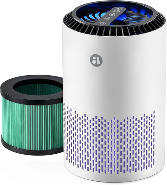 AROEVE Air Purifiers for Bedroom Home, 3 Layer Filter for Smoke Pollen Allergies Pet Dander Odor, Sleep Mode, Energy Saving, 4 Speeds, Timer for Office, Dorm, MK01A White+Green