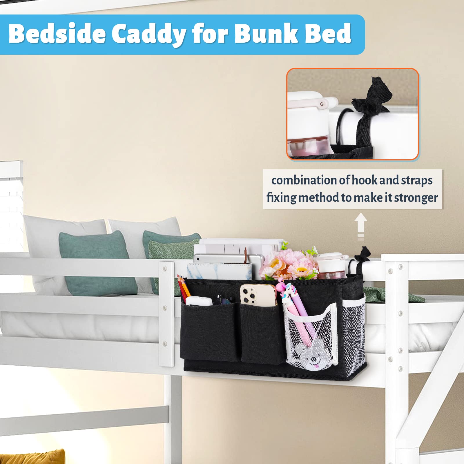 Loghot Bedside Caddy/Bedside Storage Bag Hanging Organizer for Bunk and Hospital Beds,Dorm Rooms Bed Rails,Can be Placed Glasses,Books,Mobile Phones,Keys (Light Pink) Dormly