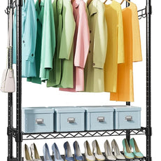 Heavy Duty Rolling Garment Rack 3 Tiers Adjustable Wire Shelving Clothes Rack with Rods and Side Hooks,Storage Closet Clothing Rack with Wheels Black 17.7