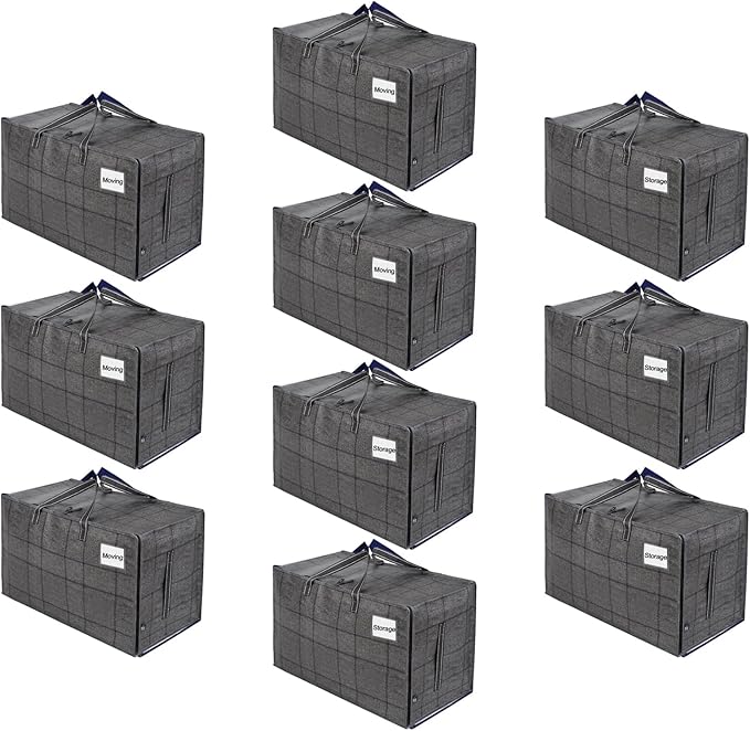 VENO 10 Pack Moving and Storage Bags, Heavy Duty, Alternative to Moving Boxes, Large Packing Totes Supplies for College Dorm Room with Zipper for Clothes, Wide Open Design (Windowpane, 10 Pack)