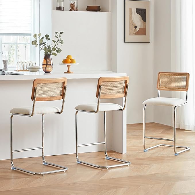 Natural Rattan Counter Height Stools Set of 3 with Solid Wood Back, 24 Inch Mid Century Modern Cesca Bar Stools, White Upholstery Boho Stool for Kitchen Counter with Metal Legs