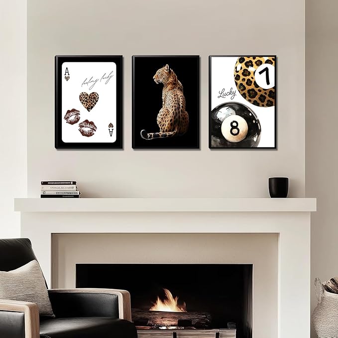 Trendy Leopard Wall Art Set of 3，Funky Lucky 8 Ball Wall Decor Paintings，Cheetah Preppy Room Posters Prints Pictures for Bedroom Living Room 12x16 inch Framed