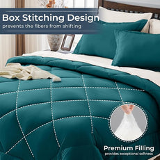 HEVUMYI Queen Comforter Set - 7-Piece All Season Bed in a Bag Queen, Ultra Soft Bedding Set with Comforter, Flat Sheet, Fitted Sheet, Pillowcases, Pillow Shams, Peacock Blue & Ivory