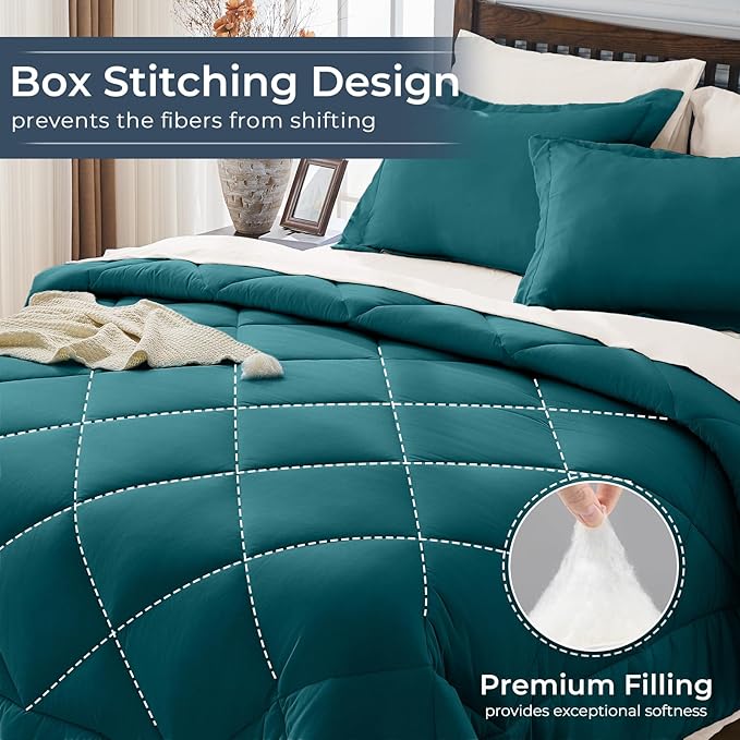 HEVUMYI Queen Comforter Set - 7-Piece All Season Bed in a Bag Queen, Ultra Soft Bedding Set with Comforter, Flat Sheet, Fitted Sheet, Pillowcases, Pillow Shams, Peacock Blue & Ivory