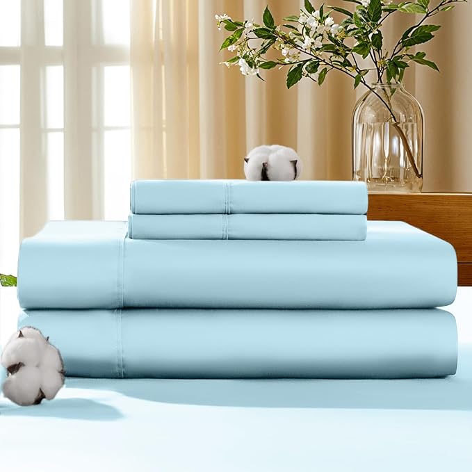 LBRO2M 100% Cotton Sheets Set Deep Pocket 19", 1000 Thread Count King Size 4 Piece Bed Sheet Sets Soft Comfortable Bedding All Season (King, Light Blue) LBRO2MBedding