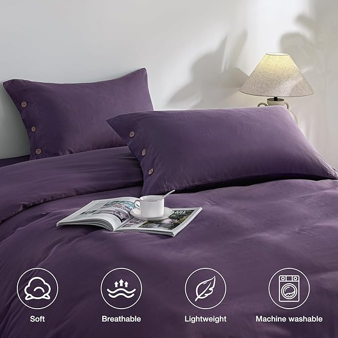 JELLYMONI Pillowcases King Set of 2 Cotton Button Pillow Covers 20×36in Purple Bed Pillow Cases 100% Washed Cotton Soft Breathable (Pillows are not Included)