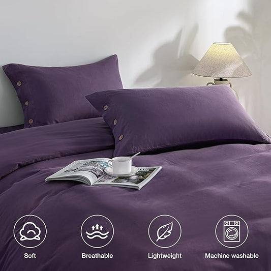 JELLYMONI Pillowcases Standard Set of 2 Cotton Button Pillow Covers 20×26in Purple Bed Pillow Cases 100% Washed Cotton Soft Breathable (Pillows are not Included)