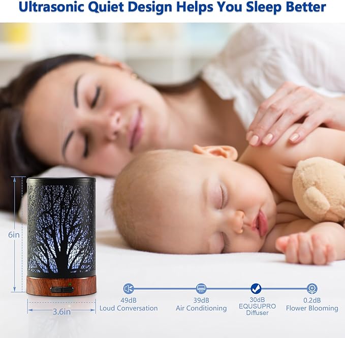 EQUSUPRO Essential Oil Diffuser 150ml Black Metal Aromatherapy Oil Diffuser Ultrasonic Cool Mist Diffuser with Auto Shut-Off Protection,7 Colors Changed LED for Home Office SPA Yoga