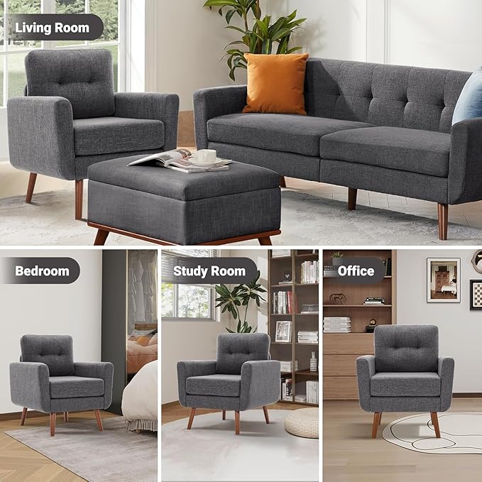 Tbfit Accent Chair, Reading Chair for Living Room & Bedroom, Mid Century Modern Arm Chair, Button Tufted Upholstered Accent Chairs Sofa with Solid Wood Frame, Grey