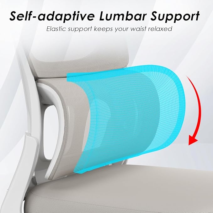 Soohow Office Chair, Mesh Ergonomic Office Chair with Lumbar Support, Comfy Computer Desk Chair with Flip Armrest Rolling Wheels for Home Study Room Office, White & Khaki