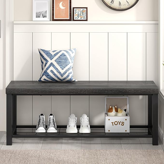 FOLUBAN Shoe Storage Bench, Modern Entryway Bench with Metal Shelf, Industrial Indoor Shoe Bench Seat for Bedroom, Hallway, Living Room, Dark Gray, 47 Inch