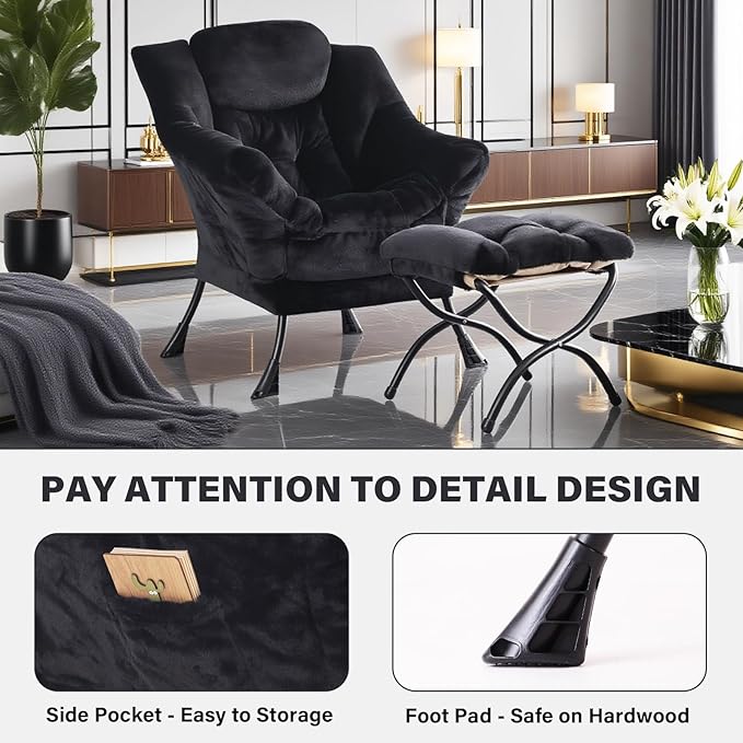 Tiita Lazy Chair with Ottoman, Modern Large Accent Lounge Armchair, Comfy Leisure Sofa Reading Chair with Footrest for Bedroom, Living Room, Dorm Rooms, Garden and Courtyard, Plush Black